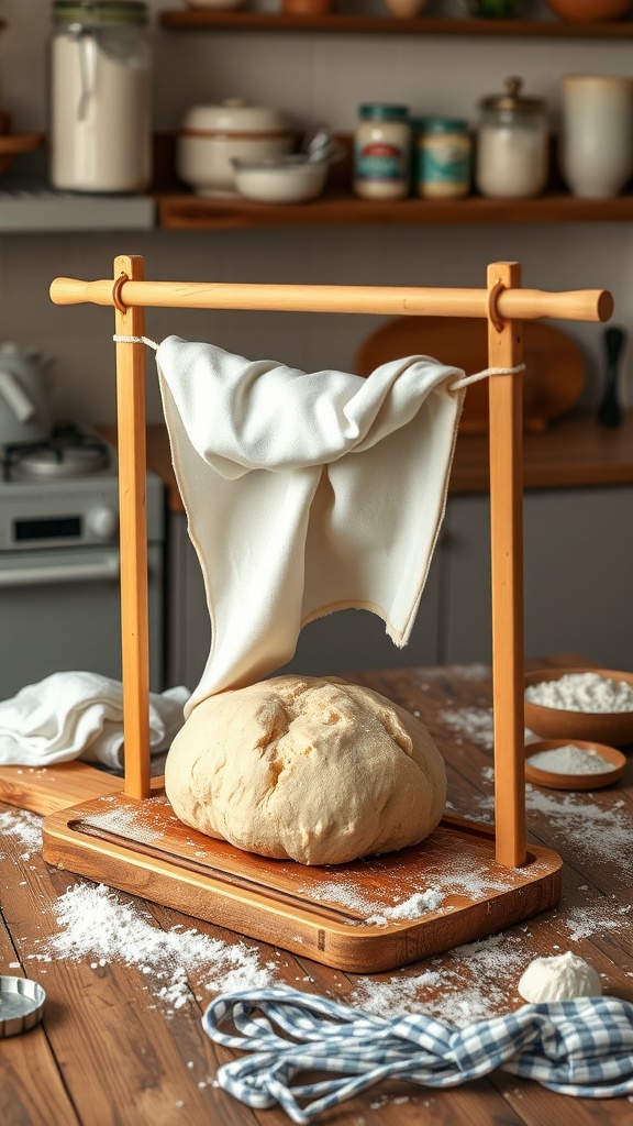 A DIY dough hangar with a loaf of dough rising on a wooden dowel in a home kitchen.